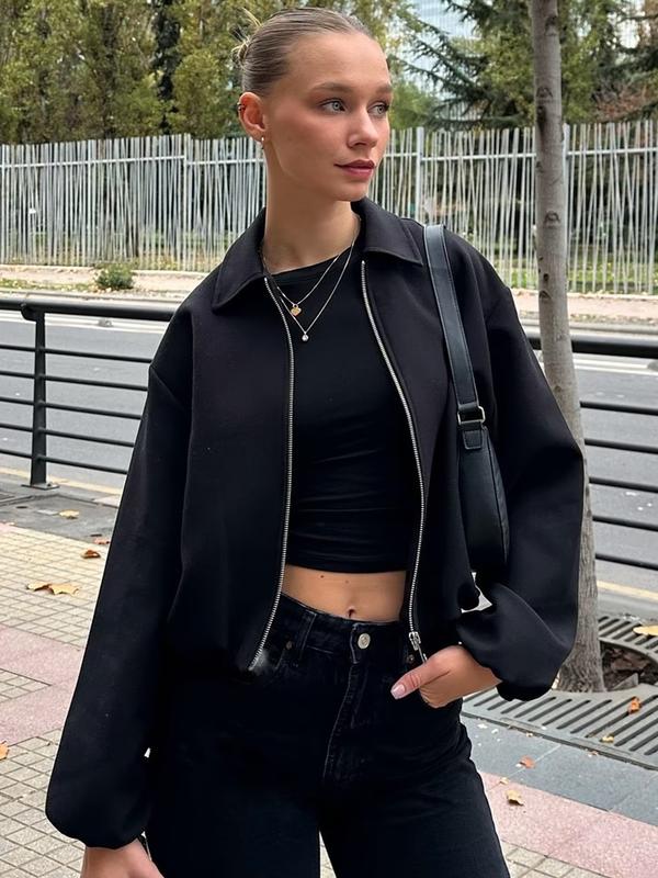 Casual Crop Oversized Puff Jacket Jacket Women's Jacket Spring 2026 Beige Khaki Black Outerwears Zip-Up Lapel Collar Long Sleeve Tops Streetwear Outfits & Weekend Hangouts Coat