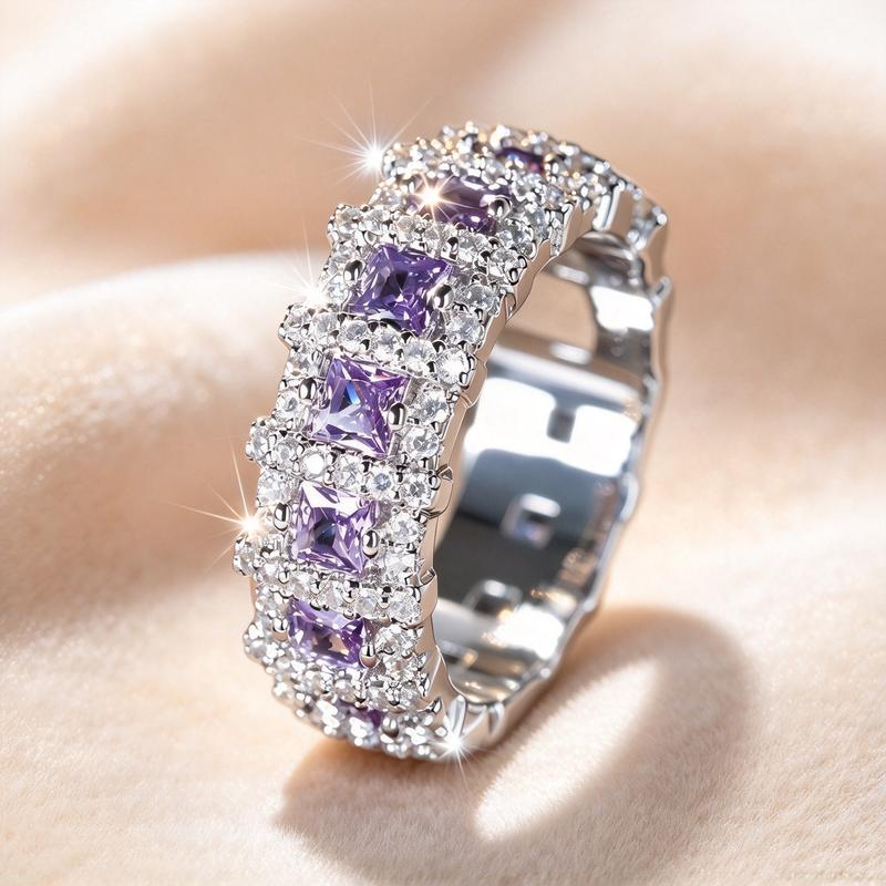 Purple Square Stone Eternity Band Ring for Women Silver Tone Full Paved Sparkling Stackable Ring Cocktail Jewelry Gift for Her Party Anniversary Birthday