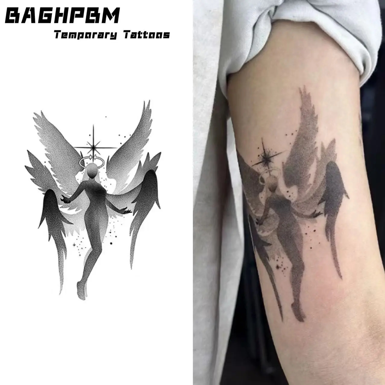 BAGHPBM Temporary Tattoos,Set of 4 Six-Winged Angel Herbal Tattoo Stickers: Semi-Permanent, Unisex, Waterproof, Long-Lasting