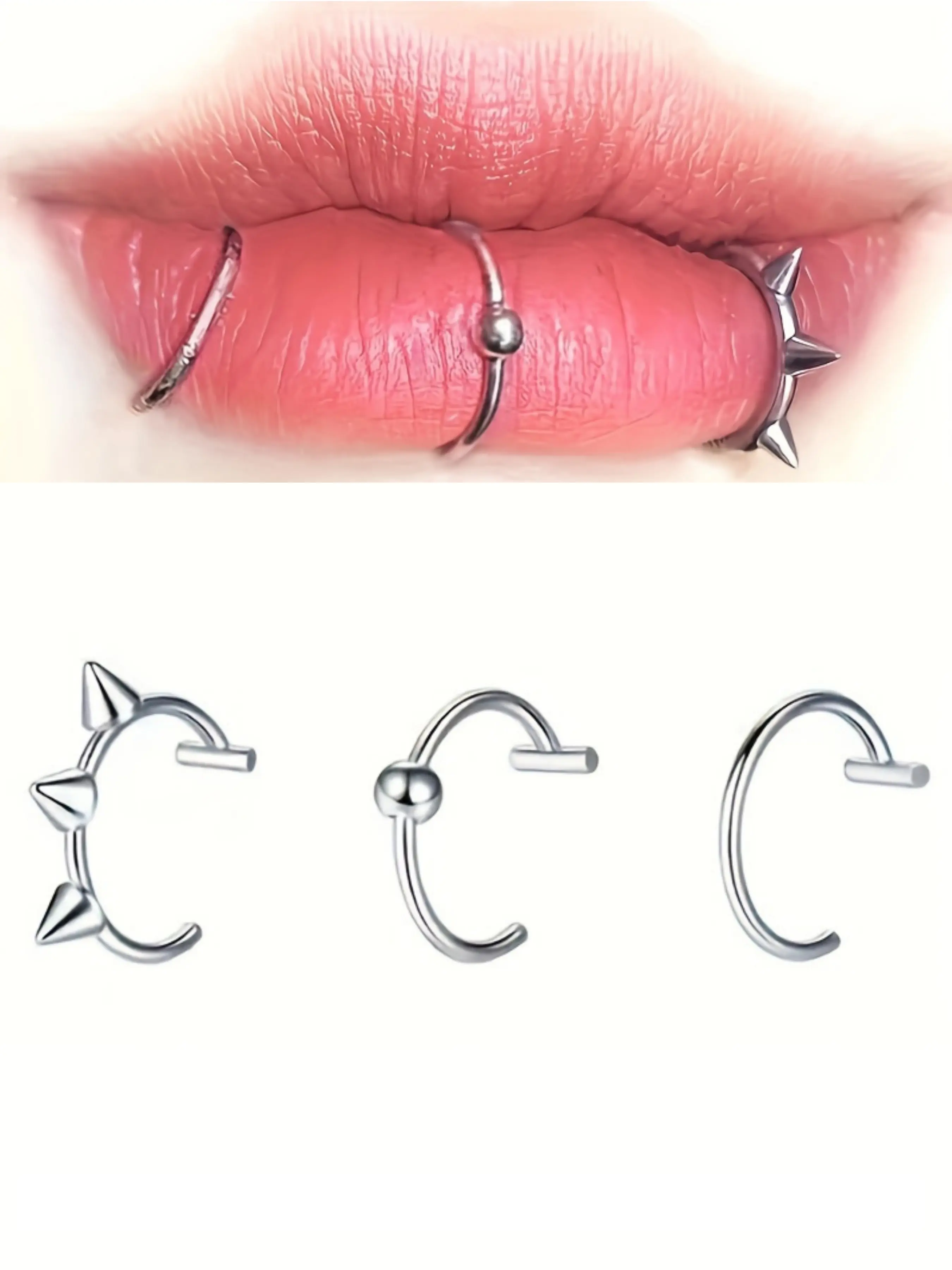 3pcs Clip on Lip Ring Set, Fake Piercing Stainless Steel, Ear Nose Clip Hoop, Mouth Non Piercing Cuff Earrings, Body Jewelry
