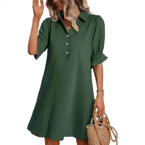 2025 Spring and Autumn Women's Clothing New Casual Loose Solid Color Dress Puff Dress