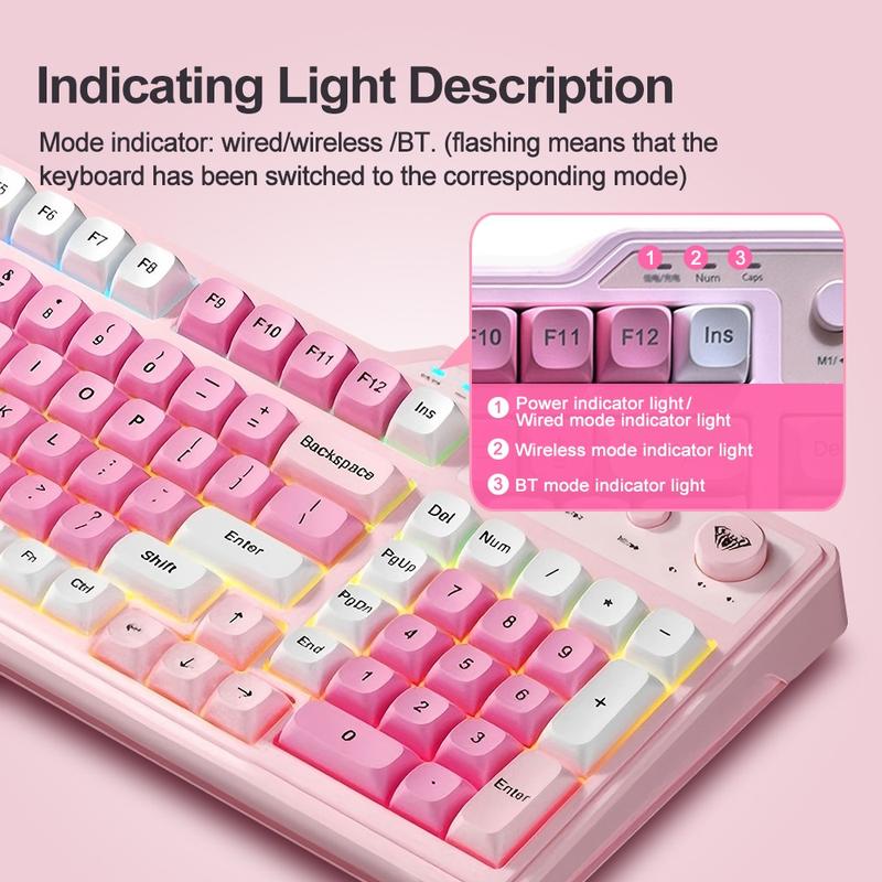 AULA F3099 three-mode wireless keyboard, 99 keys, RGB lighting effect, multi-function knob, light tone film design, compatible with Windows/Mac/iOS system, compatible with computers, notebook computers and mobile phones.