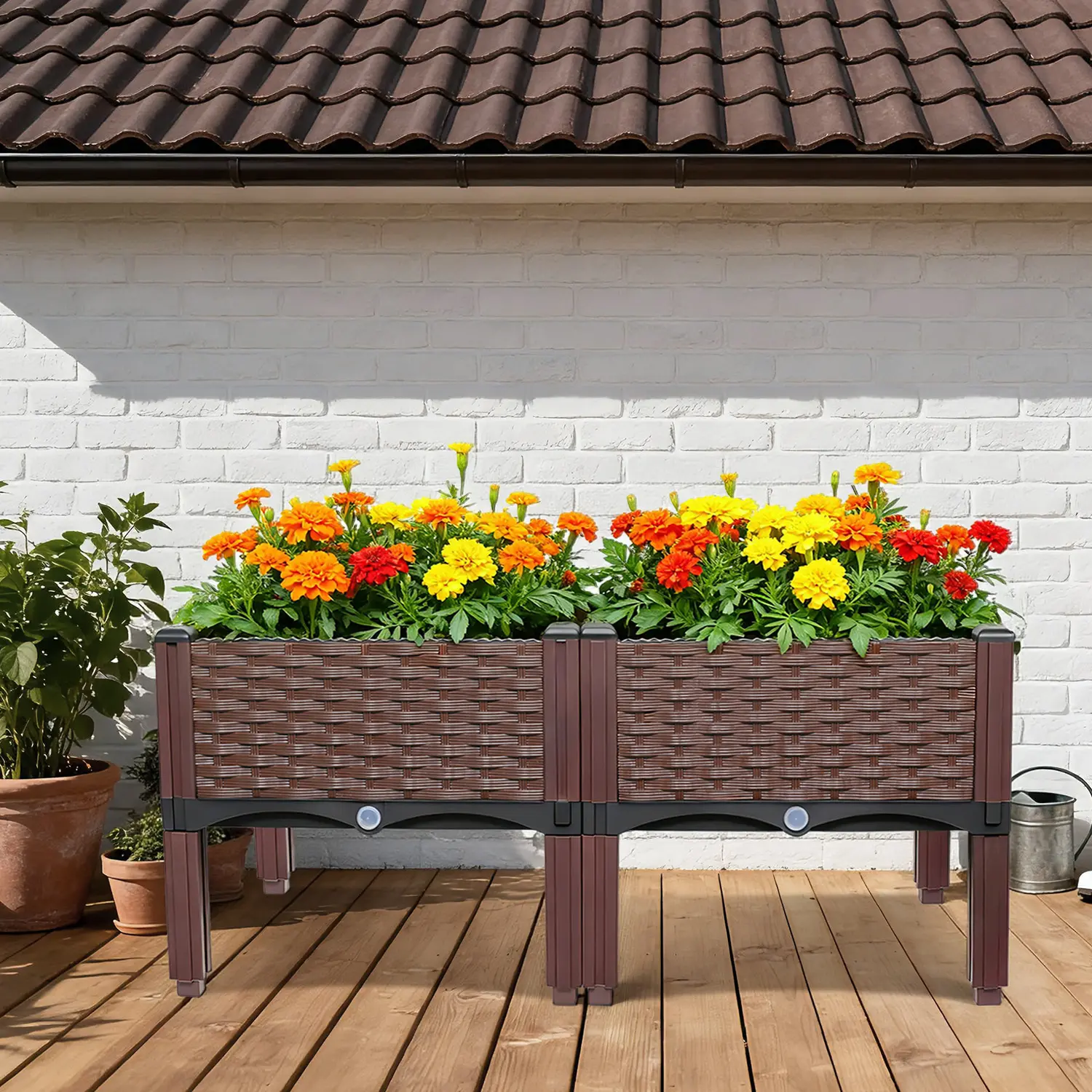 Square Raised Garden Planter Box (Flower Pots & Planters) - Classic Woven Design Plastic Container, Lightweight Durable Multi-Piece Elevated Bed, Assembly Required, Practical Gardening Solution for Outdoor Patio Home Use
