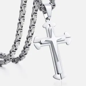 Hermah Mens Cross Pendant Necklace Stainless Steel Christ Necklace Gold Silver Color Byzantine Chain 22/24/26/28 inch