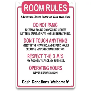 Room Rules Sign for Teen Girls - Preppy Teenage Girl Room Decor, Funny Metal Signs for Teen Girls Room Door and Wall Decor Art Accessories, Cool Gifts for Teen Girls, 8 x 12 inch