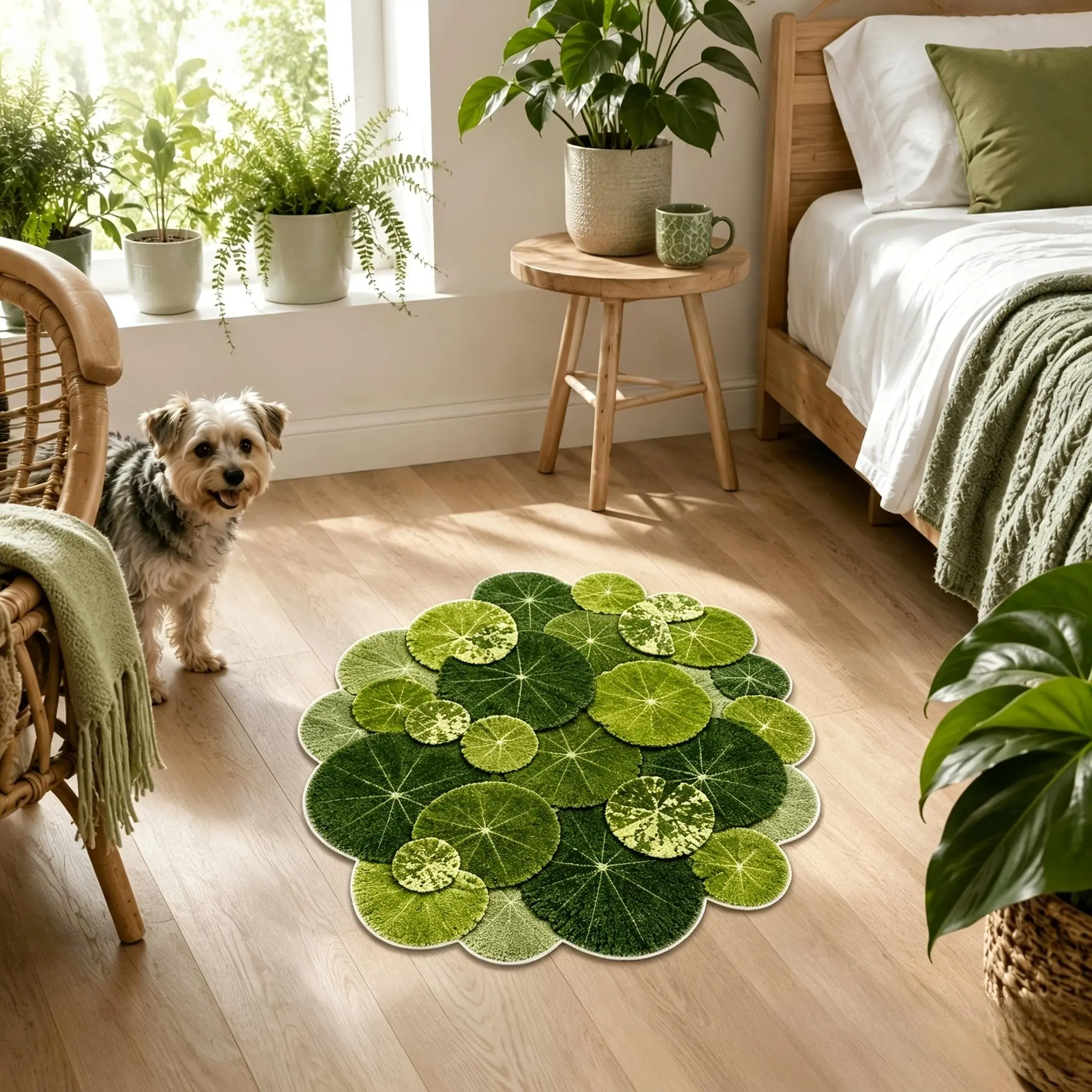 Green Lily Pad Shaped Bath Rug, Irregular Botanical Lotus Leaf Tufted Floor Mat, Soft Non-Slip Water Absorbent Decorative Rug for Bathroom, Natural Plant Accent Rug for Home Decor