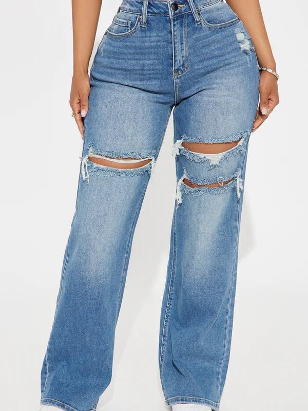 Petite Remi Ripped Stretch Baggy Jeans - Medium Wash