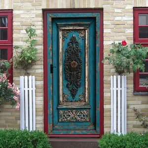 2pcs Vintage Carved Decorative Door Wall Sticker Blue Distressed Wooden Door Decal Self Adhesive Living RoomBackground Wall Art Southeast Asian Style Home Decor Removable PVC Mural Collage Self-Adhesive
