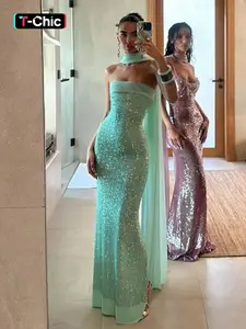 Women's Sequins Mesh Sheer Back Split Sleeveless Strapless Bodycon Tube Dress & Halter Scarf Ribbon Two-piece Set, Womenswear, Sexy Backless See Through Slit Slim Fit Maxi Dress, Party Club Date Holiday Casual Long Dresses For Ladies All Seasons