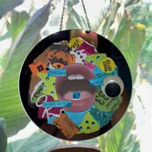 LUXE Trippy Mixed Media Collage on Canvas with Mirror Backing & Chain for Hanging Decorative Piece Featuring Unique Artwork Hangable Decoration