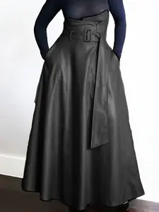 PU Urban Side Pocket Zipper Large Belt Synthetic Leather Skirt