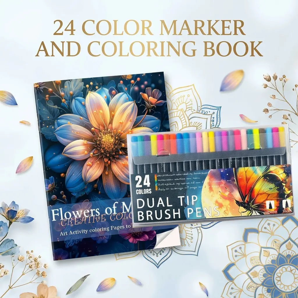24 Color Markers, Coloring Books, Coloring Materials Set, Coloring Supplies Set - Adult Relaxation Art with Mandala Themes, Thick Paper, A4 Size, Saddle Stitch Binding for Stress Relief & Mindfulness – Holiday Gift – for Beginners