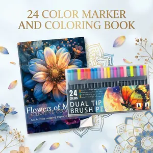 24 Color Markers, Coloring Books, Coloring Supplies Set - Adult Relaxation Art with Flower Mandala Themes, Thick Paper, A4 Size, Saddle Stitch Binding for Stress Relief & Mindfulness – Perfect Holiday Gift – Easy & Fun for Beginners
