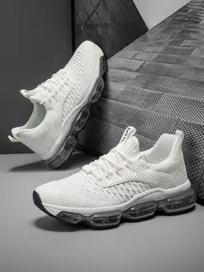 Trendy Letter Webbing Full Sole Air Cushion Sports Shoes, Men's Flyknit Mesh Soft Bottom Running Shoes, Thick Sole Shock Absorption Casual Shoes