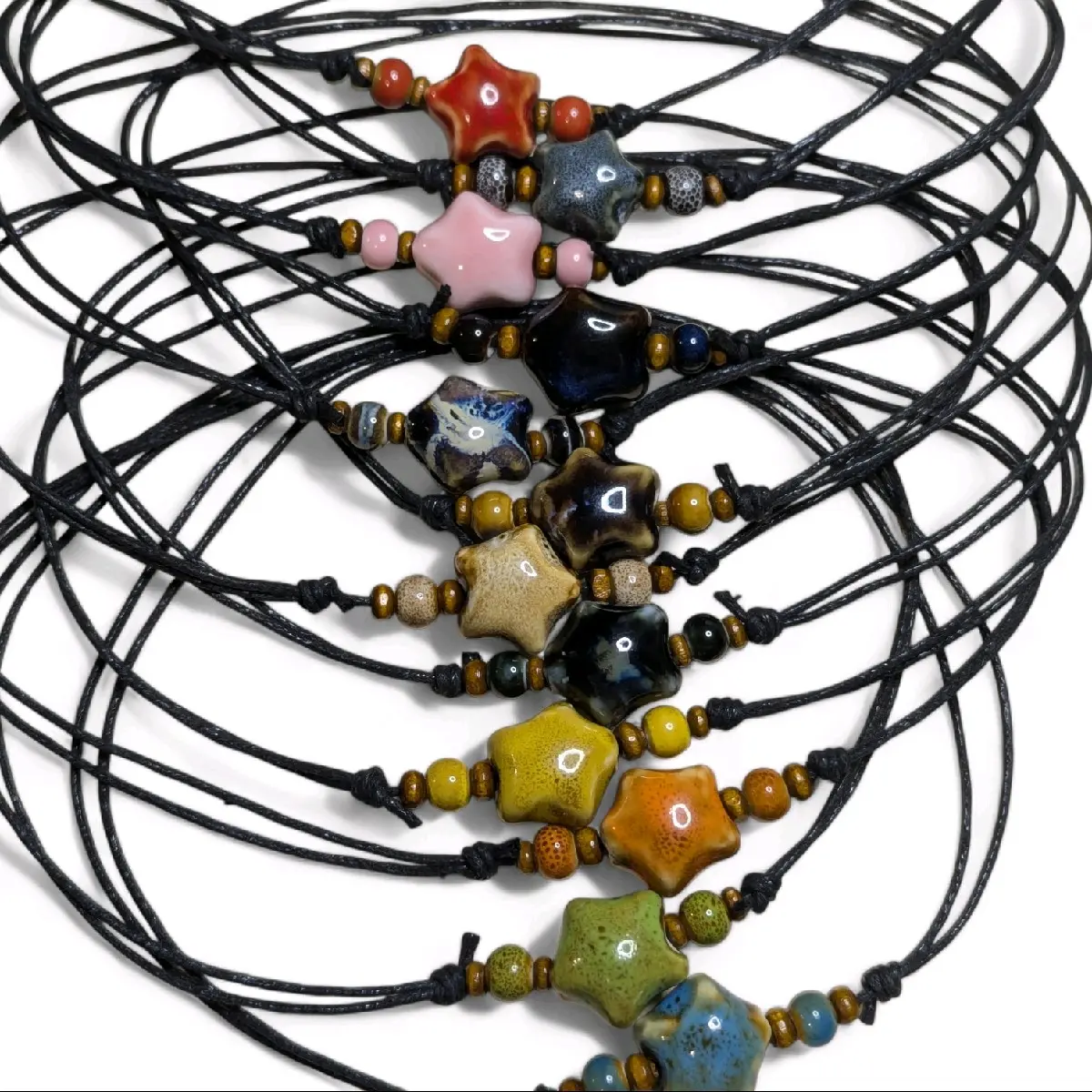 Y2K Style Ceramic Necklace Beaded Star Boho Hippie Whimsical Adjustable Black Rope Cord Choker Stacking Necklace jewelry