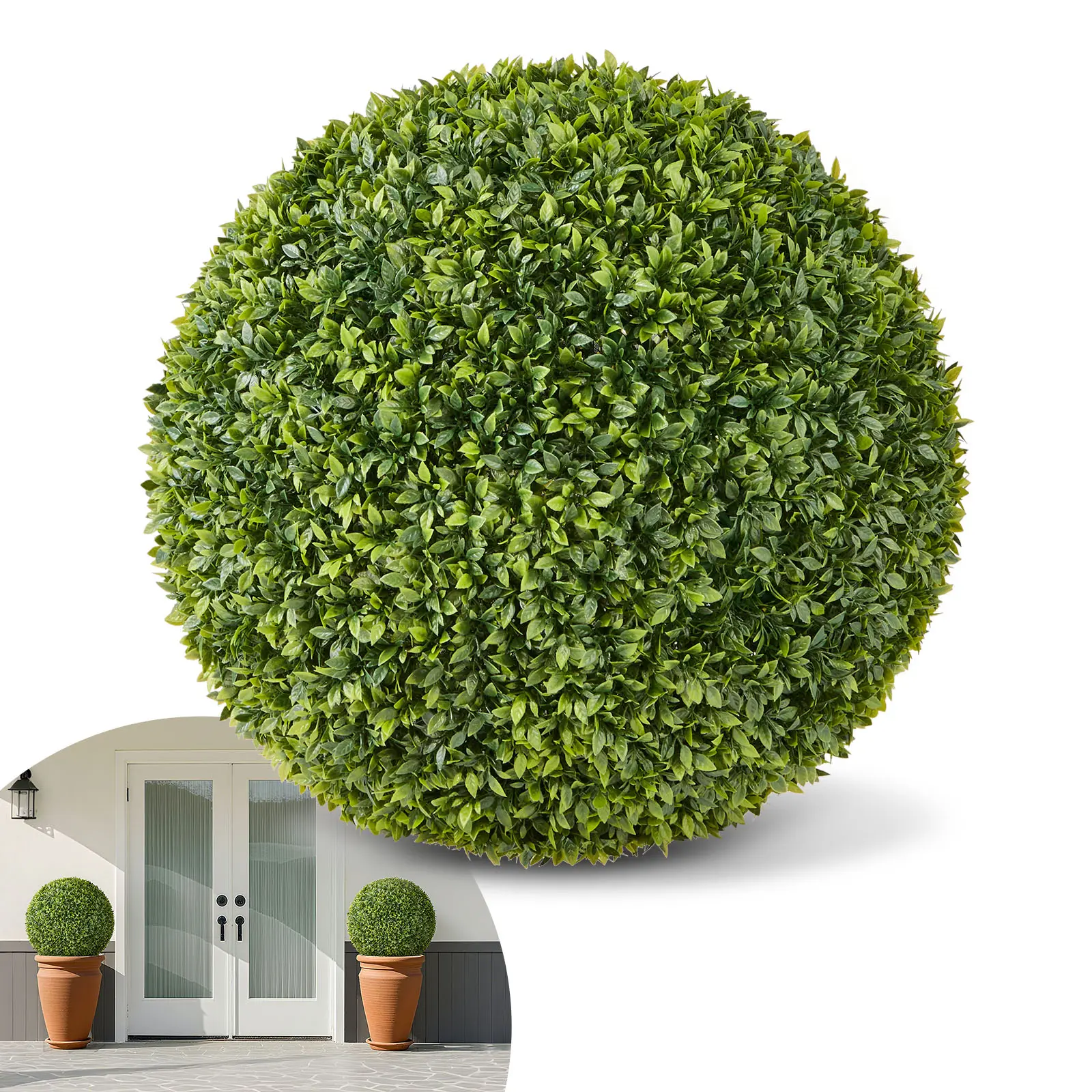VEVOR 23-in Sturdy Weatherproof Artificial Boxwood Topiary Ball Trees with Photorealism, PE Leaves & Dense Foliage, Easy-Assembly Fake Silk Plant Decor for Front Porch Planter, Balcony, Outdoor Patio#BacktoSchool