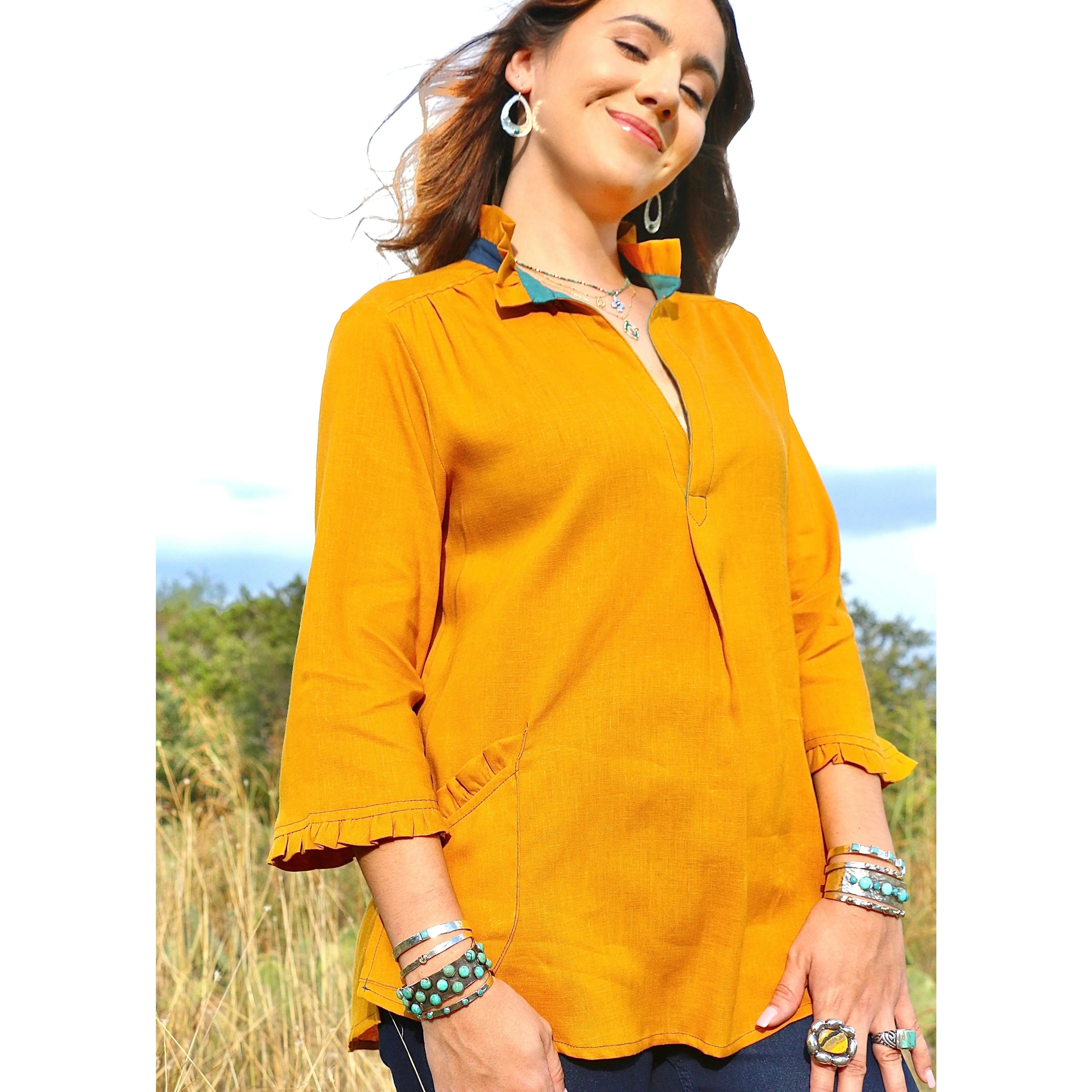 Color Block Ruffle Neck Shirt - Mustard