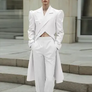 INCERUN Men's 2025 Autumn Asymmetric Tail Crop Blazer Crop Top - Bubble Shoulders, Breathable Sleeves, Belly-Baring Design - Elegant Choice for Runway Shows, Nightclubs