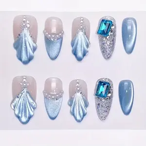 10pcs high-end French blue cat's eye shell pearls handmade fake nails, Blue nail decoration patches for women handmade fake nails Nail Tips Art