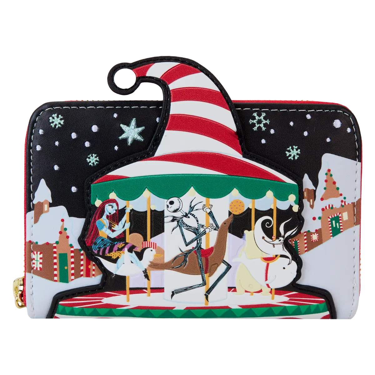 Women's The Nightmare Before Christmas Whimsical Candy Cane Carousel Zip-Around Zipper Wallet, Cute Vegan Leather Polyurethane Women's Wallet