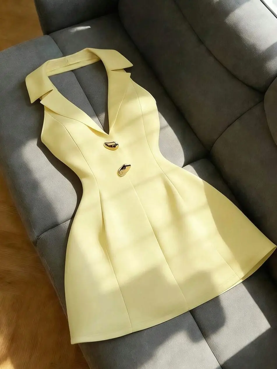 Women's Elegant Halter Neck Mini Dress with Metal Waist Detail Tropical Summer Cocktail Party Vacation Wedding Guest Dress for Women