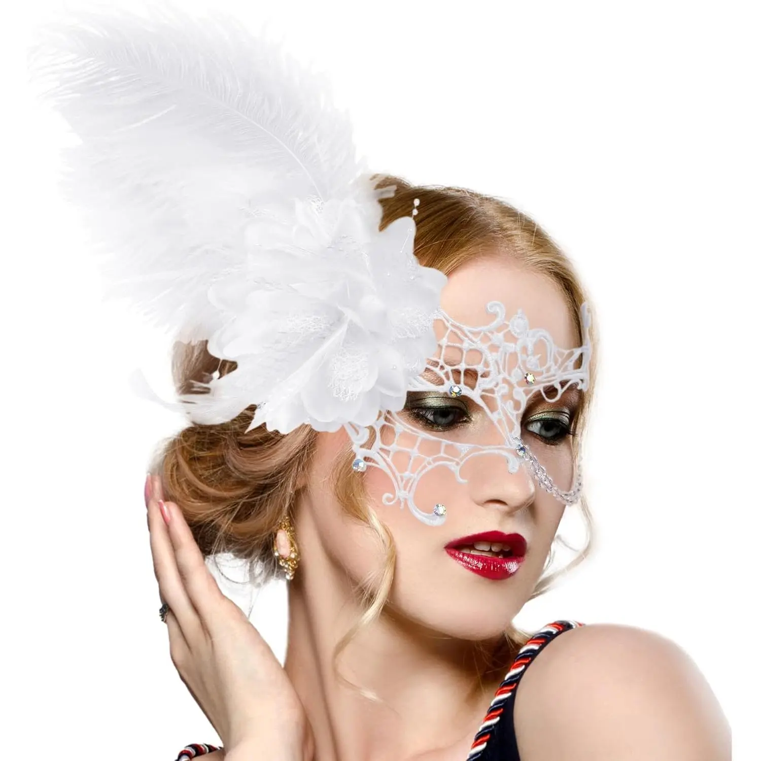 Women's Feather Lace Rhinestone Masquerade Masks - 2025 Fashion Accessories, Lightweight, Comfortable, Removable for Wedding, Renaissance Carnival