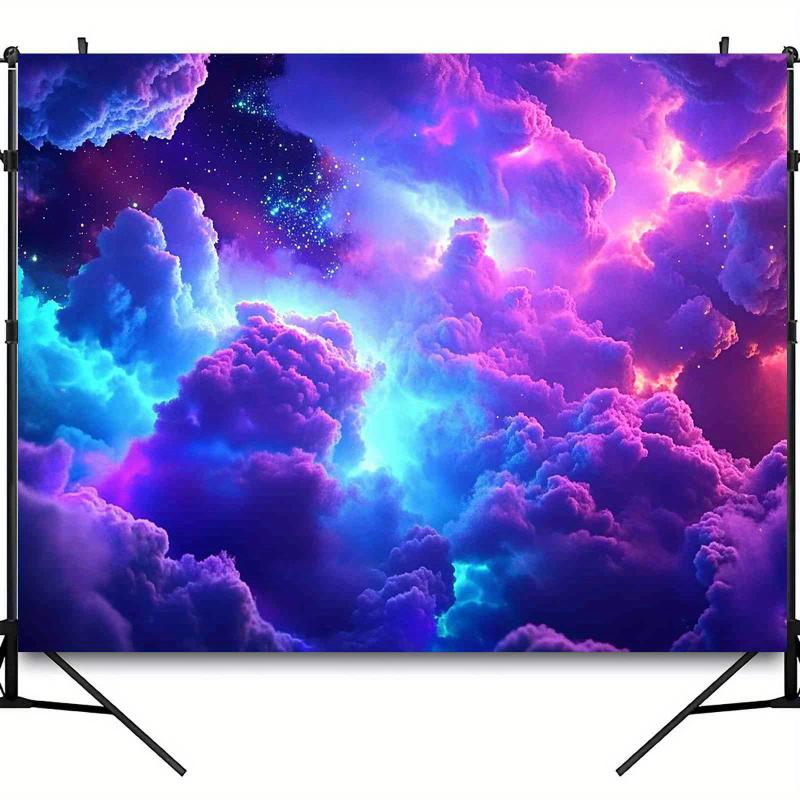 Cosmic cloud blacklight tapestry with UV reactive glow in vibrant purple, pink, blue, green design.Durable polyester fabric in multiple sizes for bedroom, living room, dorm, or party decor.Ideal for housewarming or anniversary backdrop.