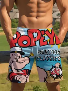 Men's Printed Vacation Popeye Summer Beach Shorts, Adjustable Drawstring Waist, Perfect for Beach and Summer Outings