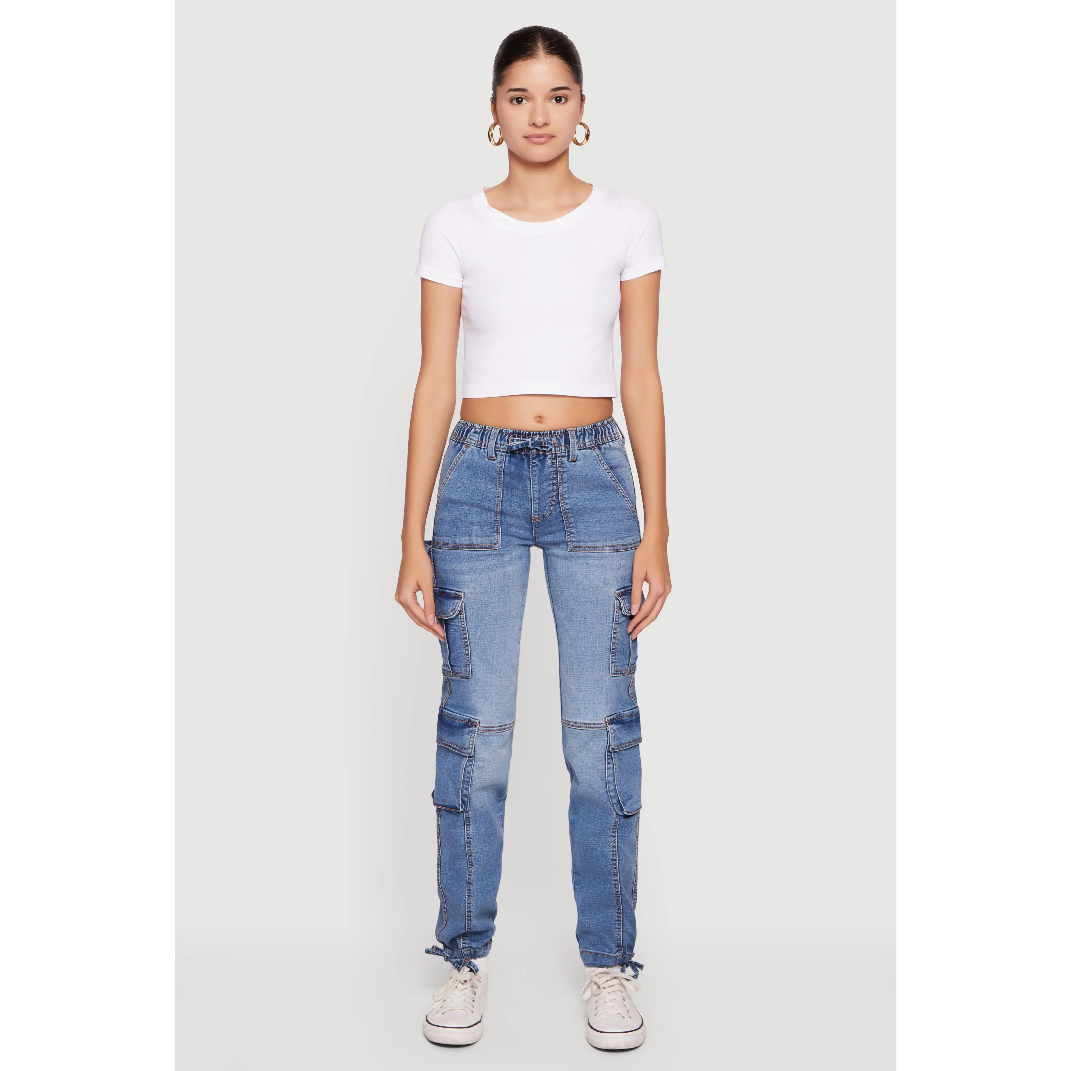 Drawstring Waist Mid Rise Cargo Pocket Denim Joggers
