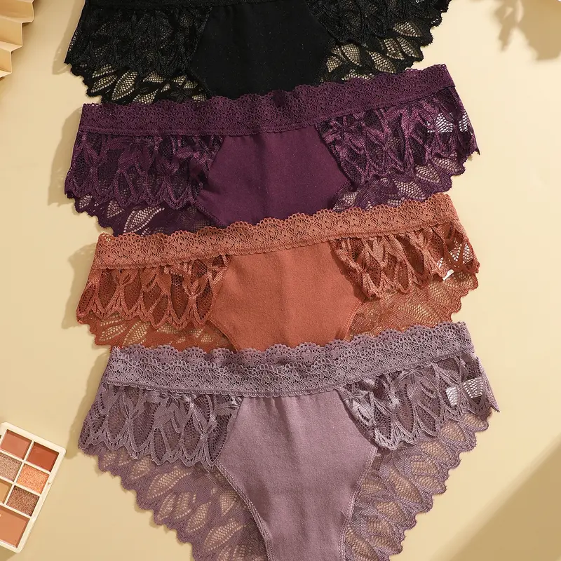 Women's Lace Patchwork Casual Knitted Stretch Underwear Set, Comfortable Breathable Daily Wear Fit Triangle Panties, Stretchy Panty, 4-Piece Pack, Solid Color, Ladies' Lingerie Collection