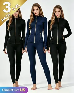 3 Packs【Golden Ziipper】Women’s Soft Brushed Long Sleeve Zip-Up Jacket with Thumbhole Cuffs, Two Practical Pockets Featuring Golden Zippers, Buttery Soft Breathable Fabric, Skin-Friendly Lightweight Top for Daily Sports, Yoga, or Casual Wear
