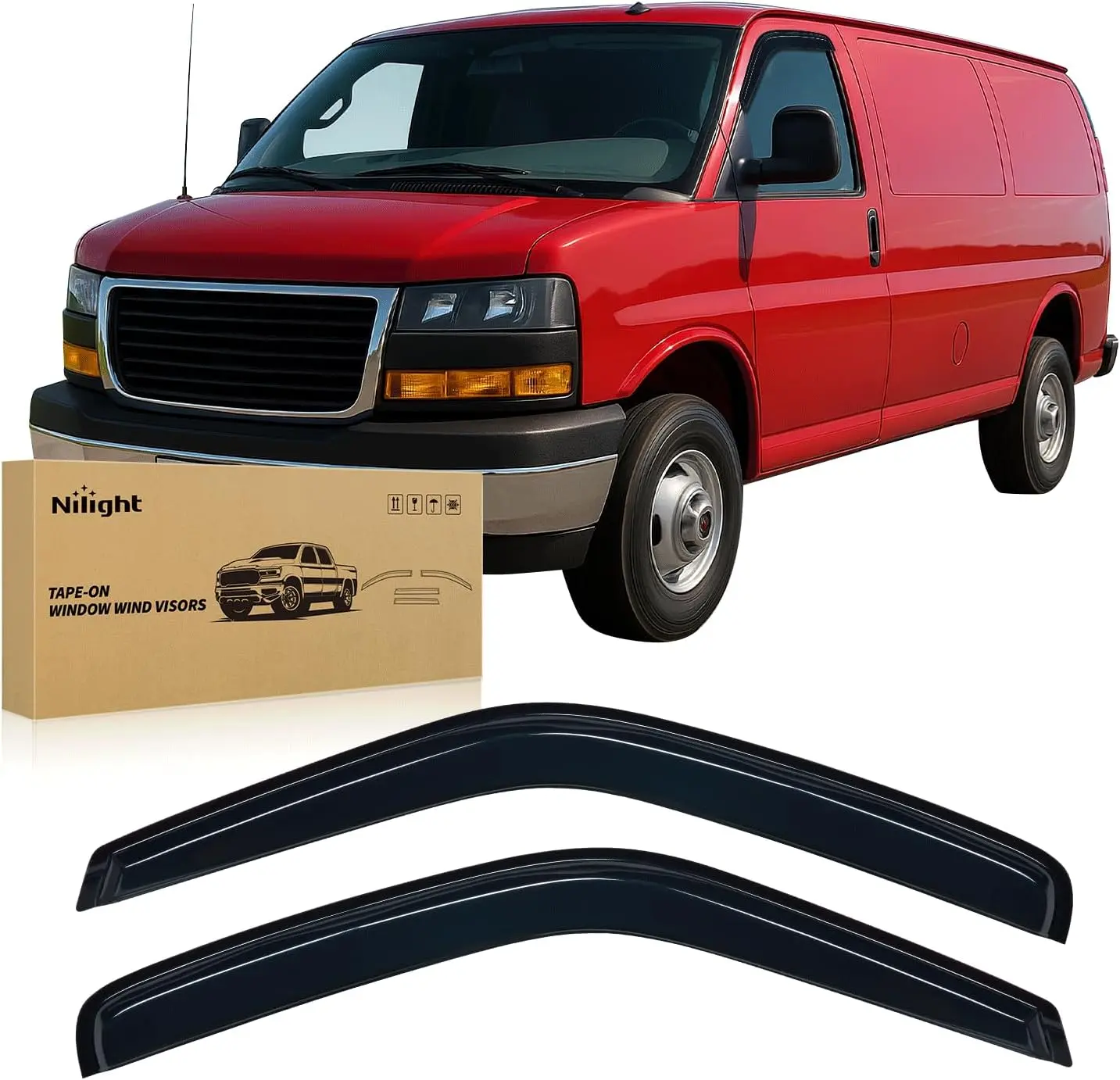 Nilight 2PCS Acrylic Tape-On Side Window Visors - Car Accessories, Heat Bonded Vent Wind Deflectors for GMC/Chevy 1500, Chevrolet Express Van 1500 (1996-2014), Rainproof, Fog Prevention Glass Wind Guard