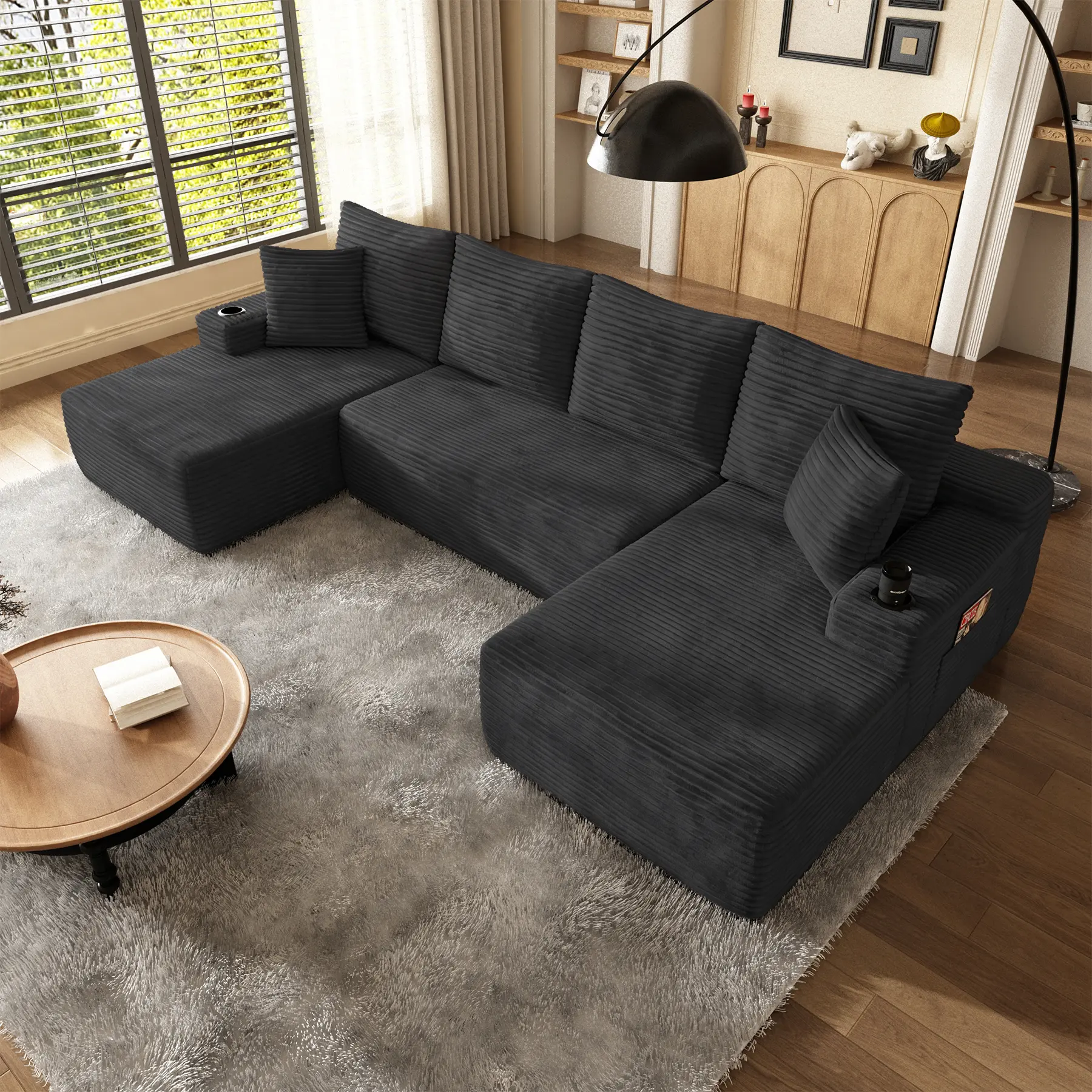 134" Cloud Sectional Sofa with U-Shape Chaise and Side Pockets and Cup holder , Modern Modular Design, Deep Seating, Upholstered Couch for Living Room/Bedroom, No Assembly Required (Plush)