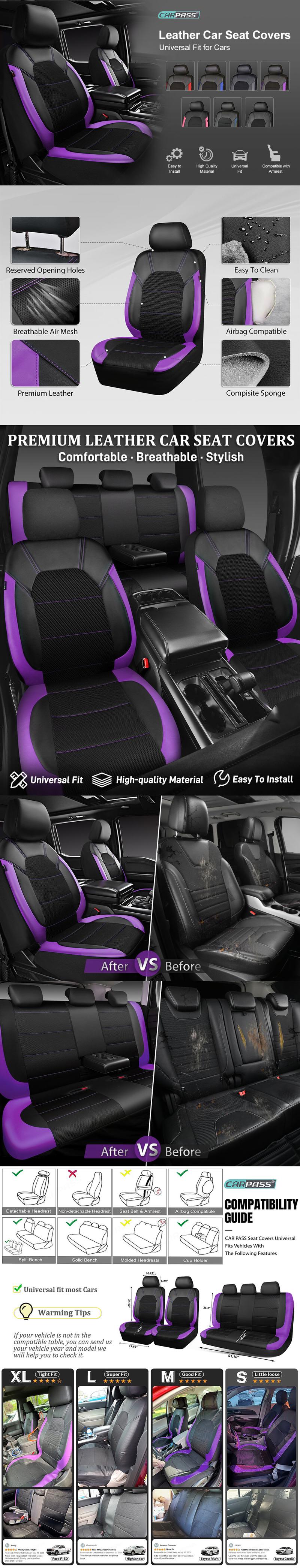 CAR PASS 5 seats NEW Leather and 3D Air Mesh Universal Fit Car Seat Covers, for Sedans,Trucks,Suvs,Airbag Compatible,Zipper Design
