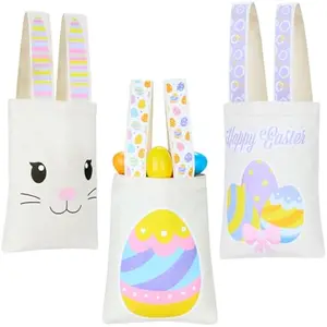 3 PCS Easter Reusable Canvas Gift Bags with Handles, 10x 8 Large Bunny Easter Gift Treat Candy Bags Bulk Basket for Kids Party Favors and Egg Hunt | 3 PCS, Reusable, with Handles, 10"x 8", Large, Bunny