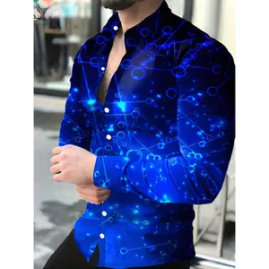 Trendy Geometric Print Men's Casual Button Up Long Sleeve Shirt - Lightweight, Breathable Fabric - For Spring Autumn - Suitable for Men - Perfect for Casual Wear & Everyday Style