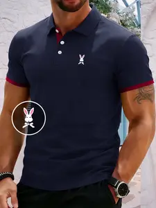 Men's Regular Fit Rabbit Print Polo Shirt, Casual Short Sleeve Collared Top for Summer, Fashion Men's Clothes for Daily Wear, Tropical, Fitted Casual Collared