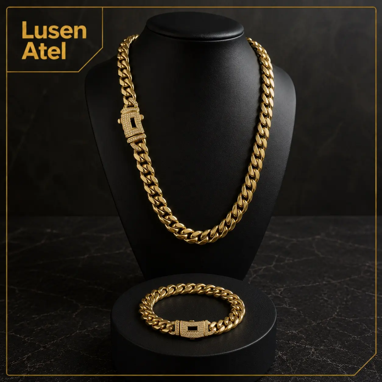Lusen Atel 14K Gold Plated Miami Cuban Link Chain Necklace or Bracelet for Men Women, Long Curved Iced Out CZ S Logo Clasp, Chunky Hip Hop Bling Streetwear Jewelry, 6mm-14mm, 16-28in, Not Solid Gold