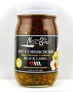 Nick B's Spicy Chimichurri Glass Jar - Gluten-Free Black Label Sauce, Marinade, Condiment & Dip with Fresh Parsley, Garlic, Extra Virgin Olive Oil, Red Vinegar, Spices & Chili; Room Temp, Rich Flavor