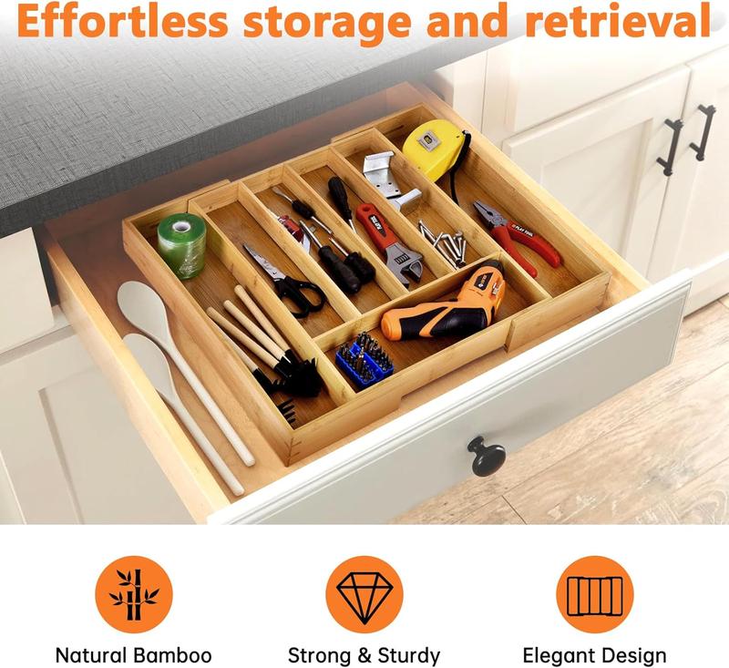 [New Deal] Expandable Bamboo Drawer Organizer 7 Compartments Adjustable for Utensils Silverware Kitchen Living Room Bedroom Eco-Friendly Premium Gift Boxes
