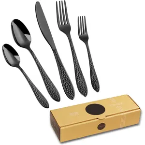 40- Black Silverware Set for 8, Stainless Steel Black Flatware Set, Hammered Utensils Cutlery Set for , Restaurant, Wedding, Cafes, Dishwasher Safe