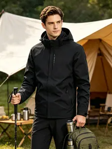 Men's Windproof Waterproof Zipper Jacket, Classic Cross Flag Print, Outdoor Hiking Ski Warm Coat, Multi-Pocket Utility Shirt