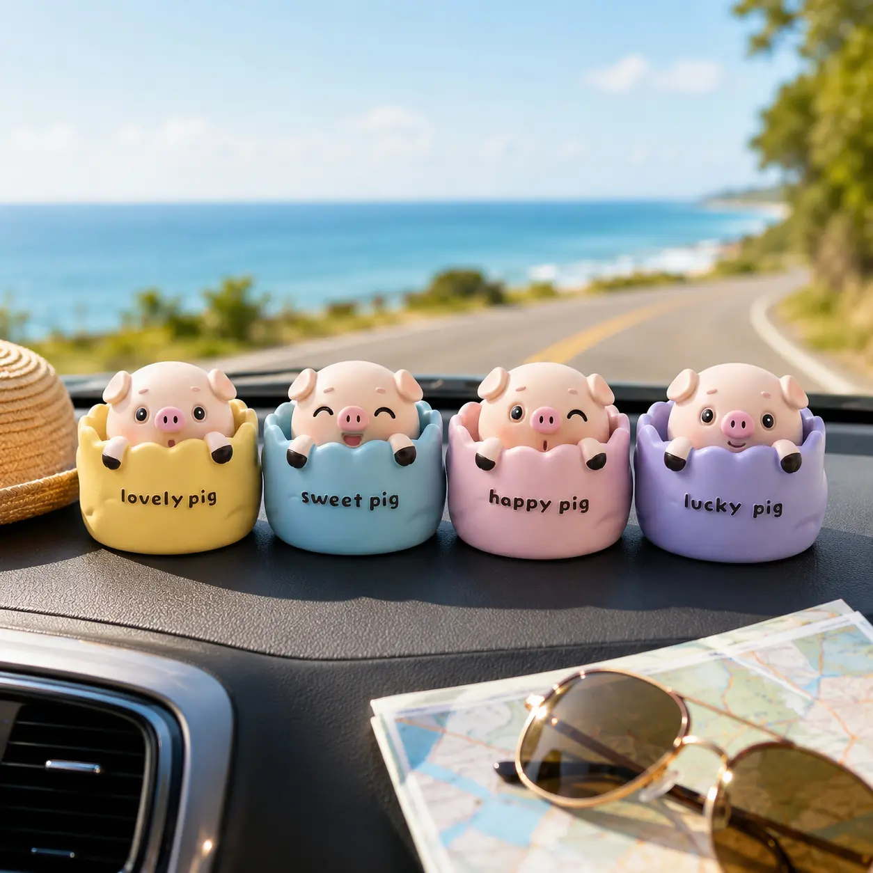 Cute Resin Bobblehead Pig Car Dashboard Decor, Head-Nodding Piggy Car Interior Ornament, Summer Road Trip Center Console Accessory for Women, Desk Figurine, Birthday or Holiday Gift for Pig Lovers