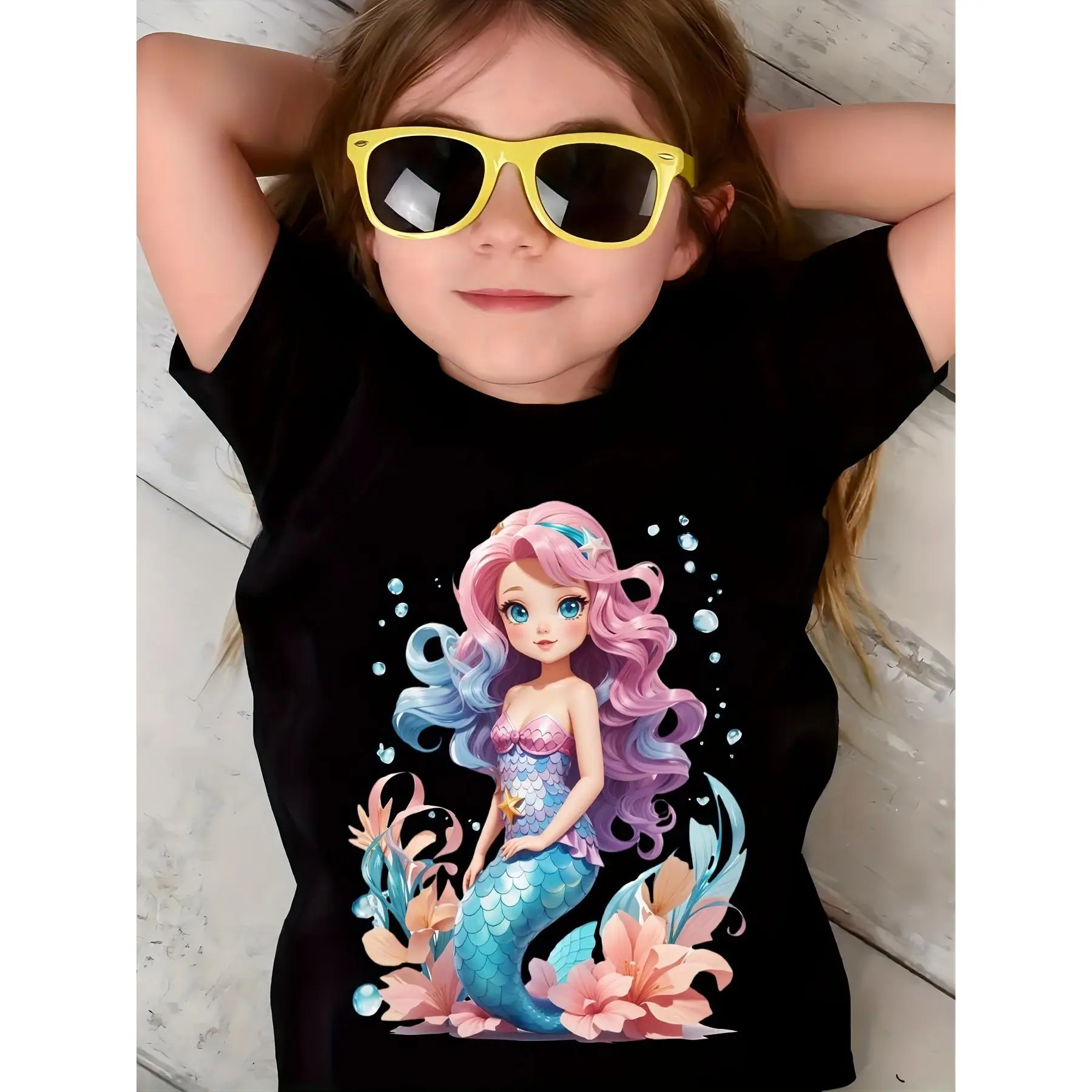Soft Cotton Girls' Mermaid Graphic T-Shirt - Vibrant Underwater Print, Round Neck, Short Sleeve Summer Top, Machine Washable, Casual Wear|Colorful Kid