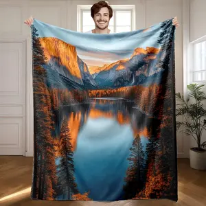 1 piece Yosemite National Park's fall canyon scenery. themed flannel blanket - Oversized fluffy warm sofa blanket, suitable for beds and sofas, modern geometric pattern design, all-season use, digital printing, 100% polyester material, machine
