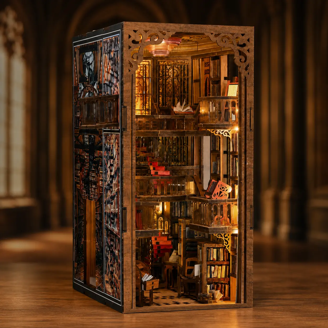 MiniCity Abbey Library Book Nook Kit, DIY Miniature Dollhouse Bookshelf Insert, 3D Wooden Puzzle with LED Light and Dust Cover, Gothic Library Room Craft Gift for Adults and Teens