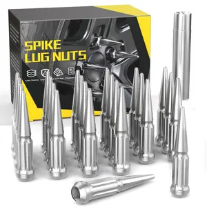 M14x1.5 Wheel Spike Lug Nuts  24pcs Chrome 14x1.5 Solid 4.4" Tall Acorn Nut With 1 Socket Key Replacement For Chevy Silverado 1500 2500 3500 F-150 F-250 F-350