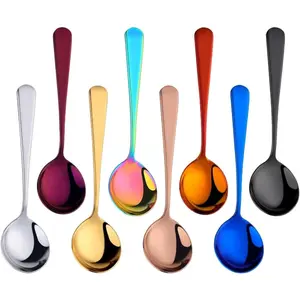 Round Spoon Set, 8-Piece Reusable Stainless Steel Dinner Table Cereal Soup Spoon, Camping Ramen Spoons