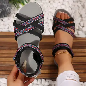 Women's Casual Cross-Strap Sandals - Soft Footbed & Tribal Embroidery for Beach & Streetwear