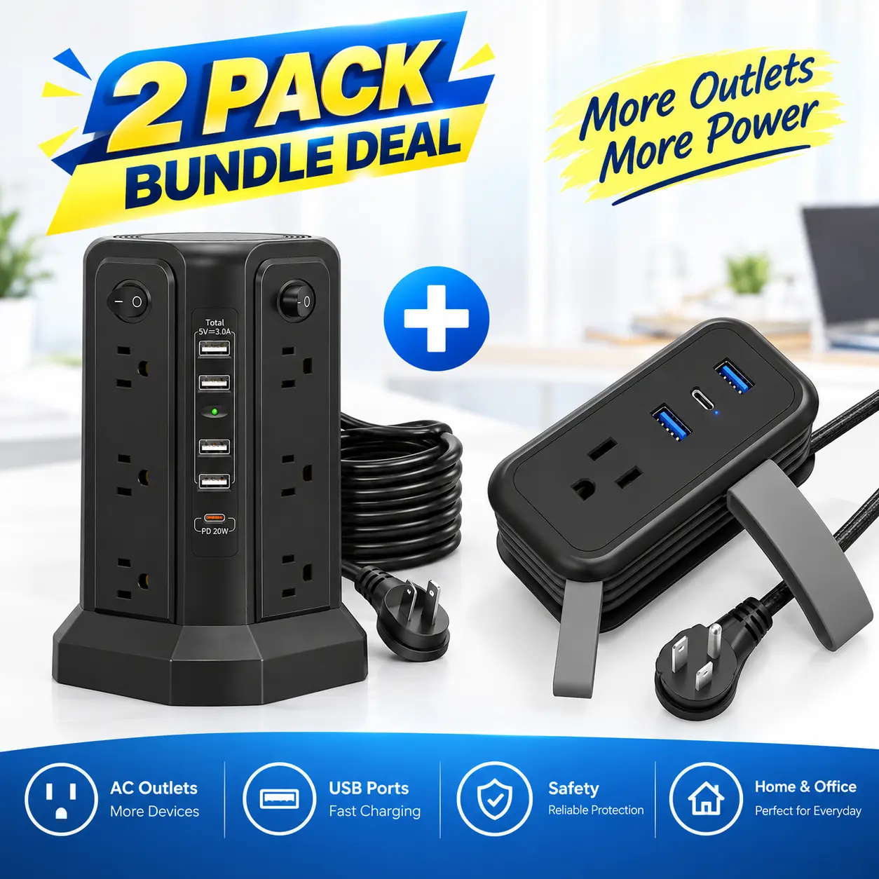 PASSUS 2-Pack Power Strip Bundle: Multi-Sided Unit (12 AC Outlets, 4 Ports, 1 PD 20W USB-C, Per-Side Individual Switches, 1250W Load) & Travel Unit (2 AC Outlets, Flat Plug, 3.9 FT Wrapped Cord) for Home, Office